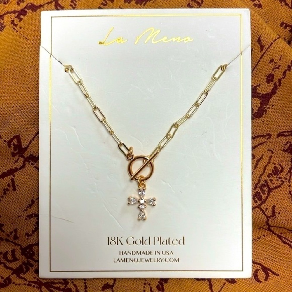 Brand New La Meno 18K Gold Plated Cross Chain Necklace Crystals Christian